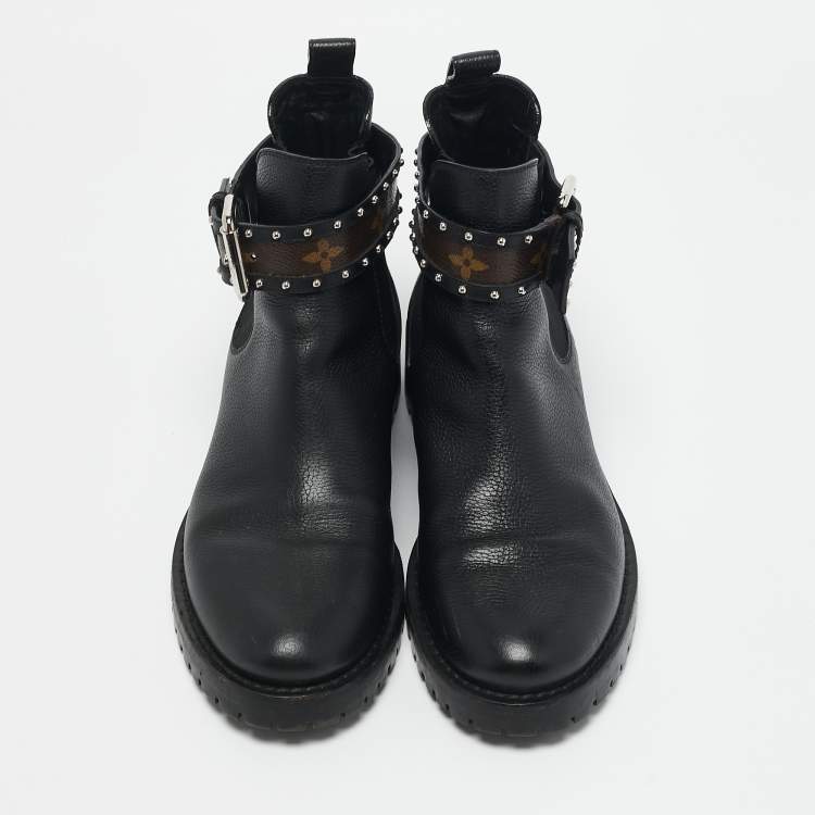 Pre Owned Louis Vuitton Black Leather Discovery  Flat Ranger Ankle Length Boots Size 37