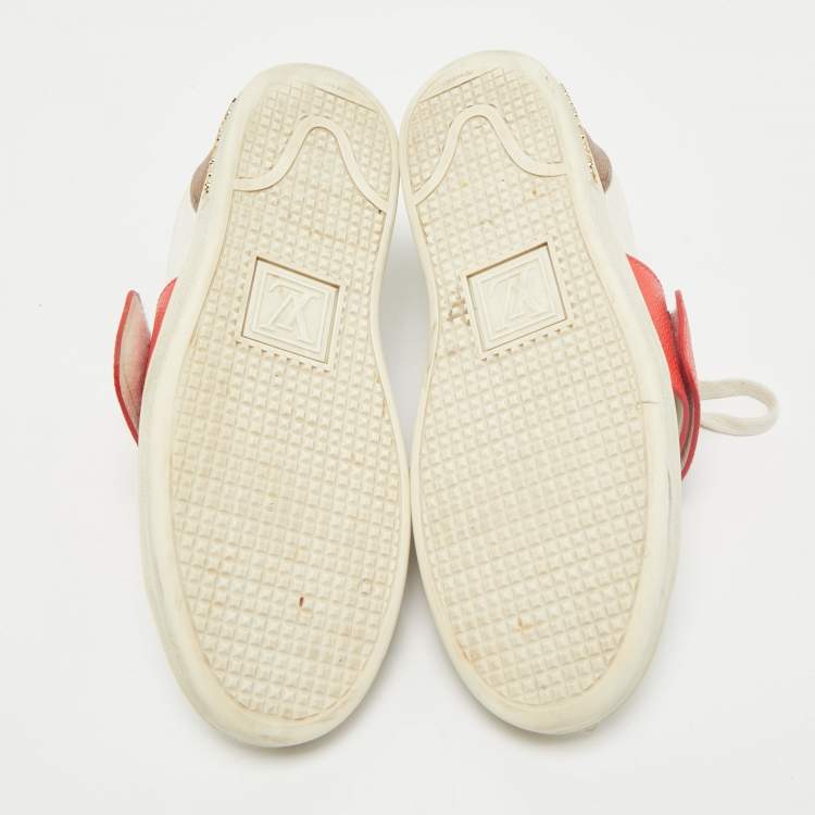 Pre Owned Louis Vuitton White Leather and Monogram Reverse Canvas Kyoto Sneakers Size 36