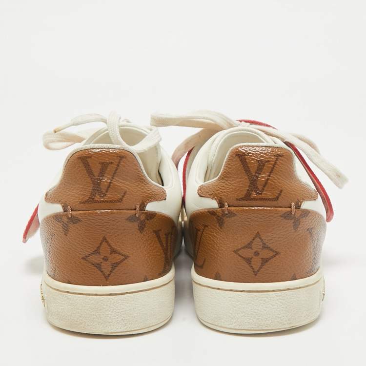 Pre Owned Louis Vuitton White Leather and Monogram Reverse Canvas Kyoto Sneakers Size 36