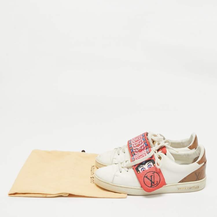 Pre Owned Louis Vuitton White Leather and Monogram Reverse Canvas Kyoto Sneakers Size 36