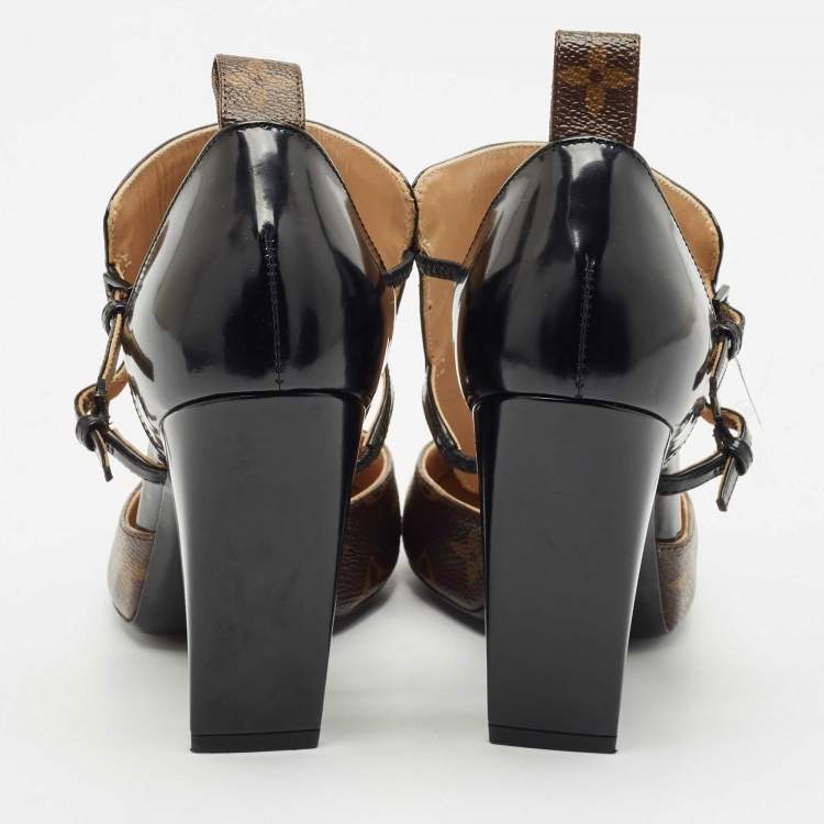 Pre Owned Louis Vuitton Black Patent Leather and Monogram Canvas Headline Pumps Size 37