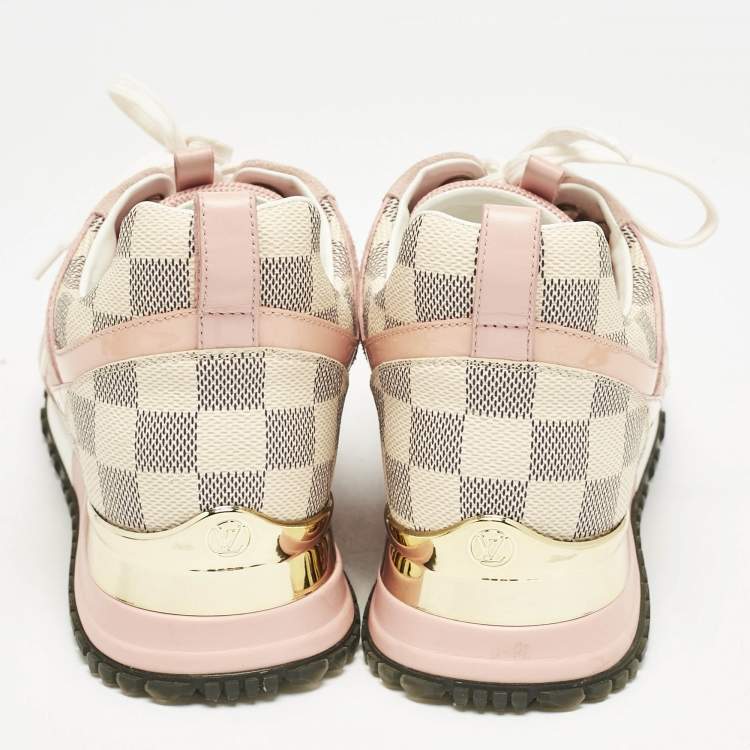 Pre Owned Louis Vuitton Peach Pink/White Suede, Mesh and Damier Azur Canvas Run Away Sneakers Size 38