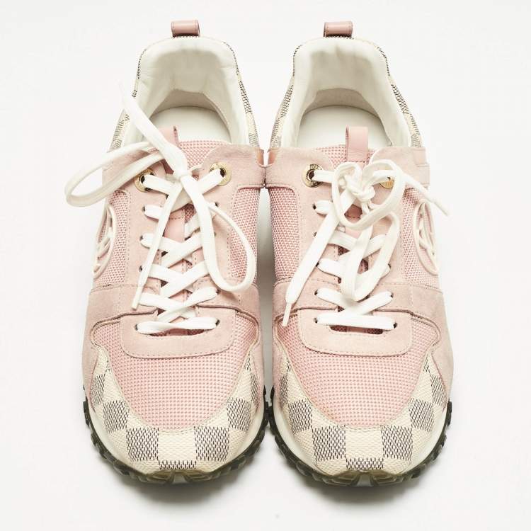 Pre Owned Louis Vuitton Peach Pink/White Suede, Mesh and Damier Azur Canvas Run Away Sneakers Size 38