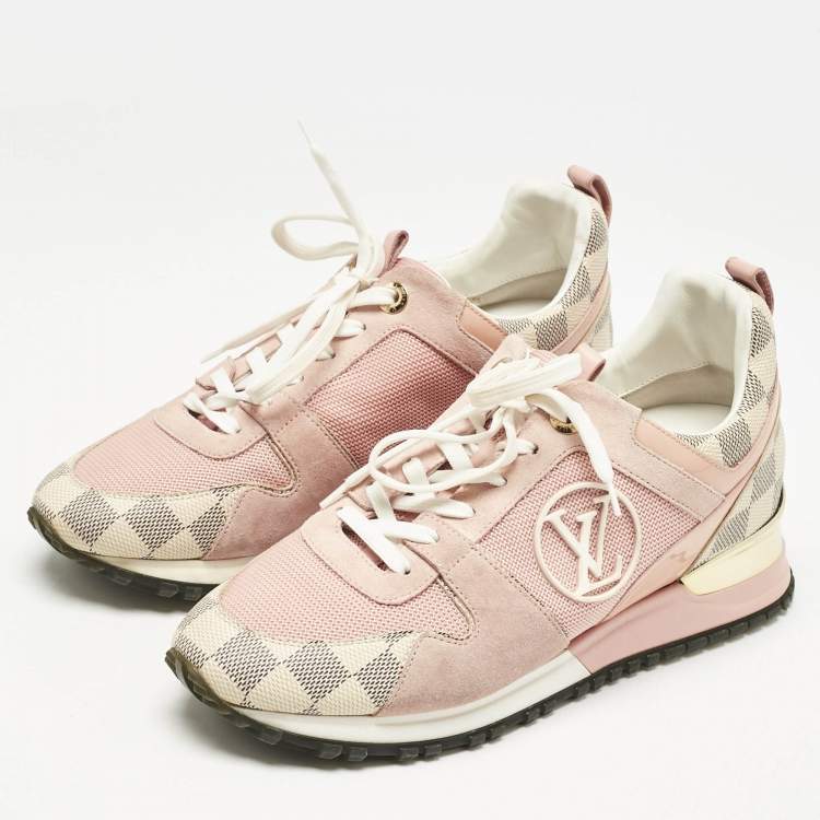 Pre Owned Louis Vuitton Peach Pink/White Suede, Mesh and Damier Azur Canvas Run Away Sneakers Size 38