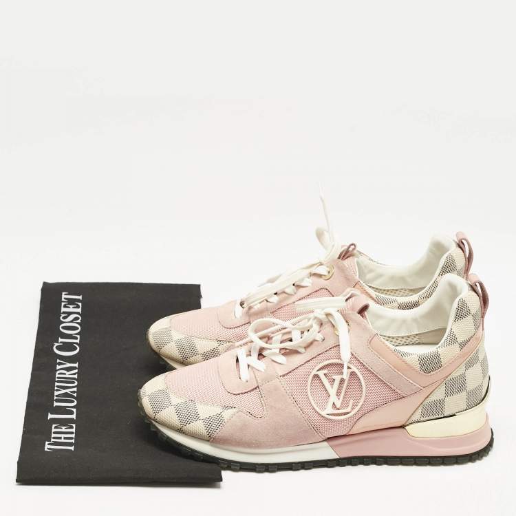 Pre Owned Louis Vuitton Peach Pink/White Suede, Mesh and Damier Azur Canvas Run Away Sneakers Size 38