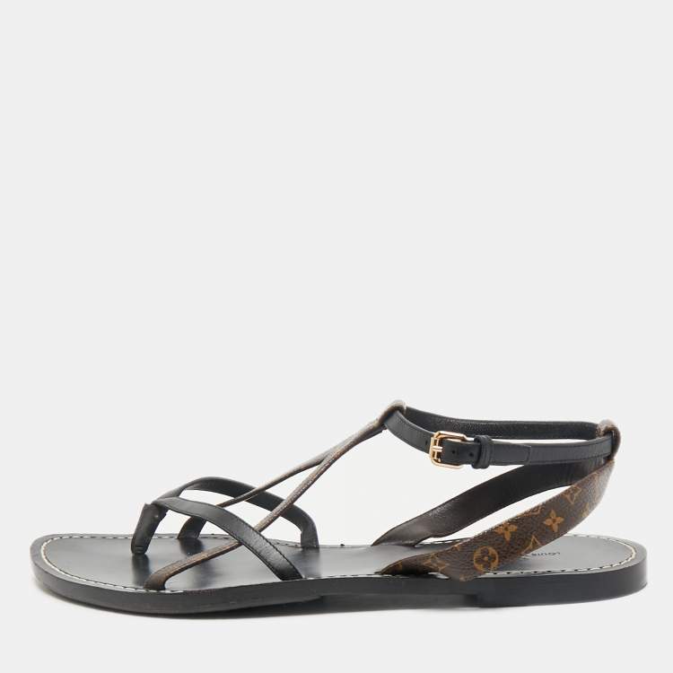 Pre Owned Louis Vuitton Black Leather and Monogram Canvas Strappy Flat Sandals Size 40