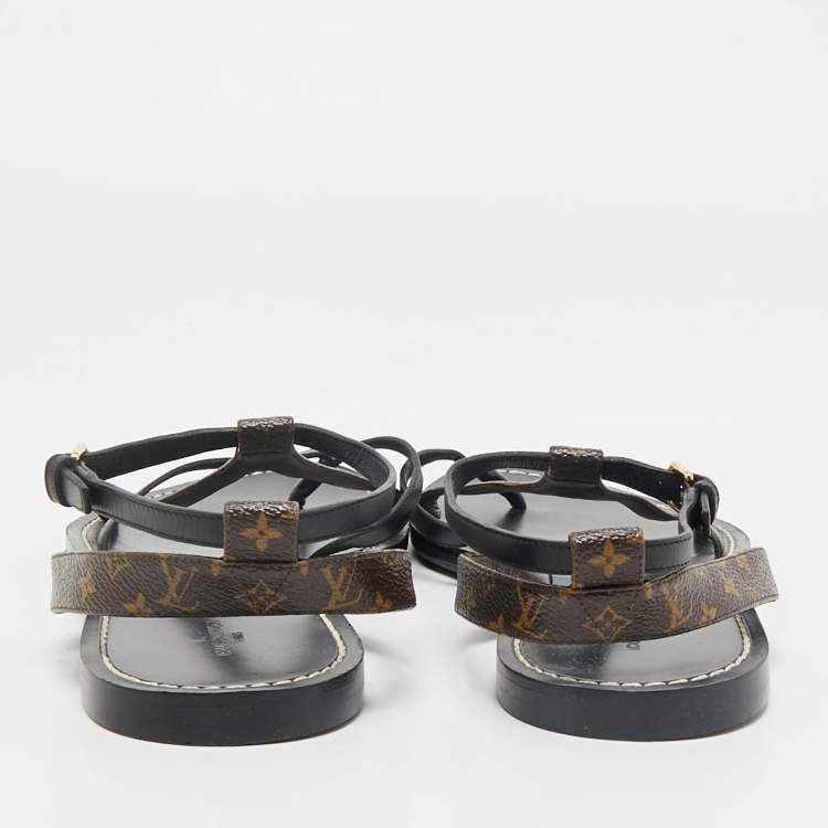 Pre Owned Louis Vuitton Black Leather and Monogram Canvas Strappy Flat Sandals Size 40