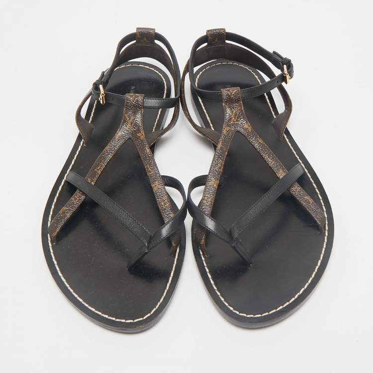Pre Owned Louis Vuitton Black Leather and Monogram Canvas Strappy Flat Sandals Size 40