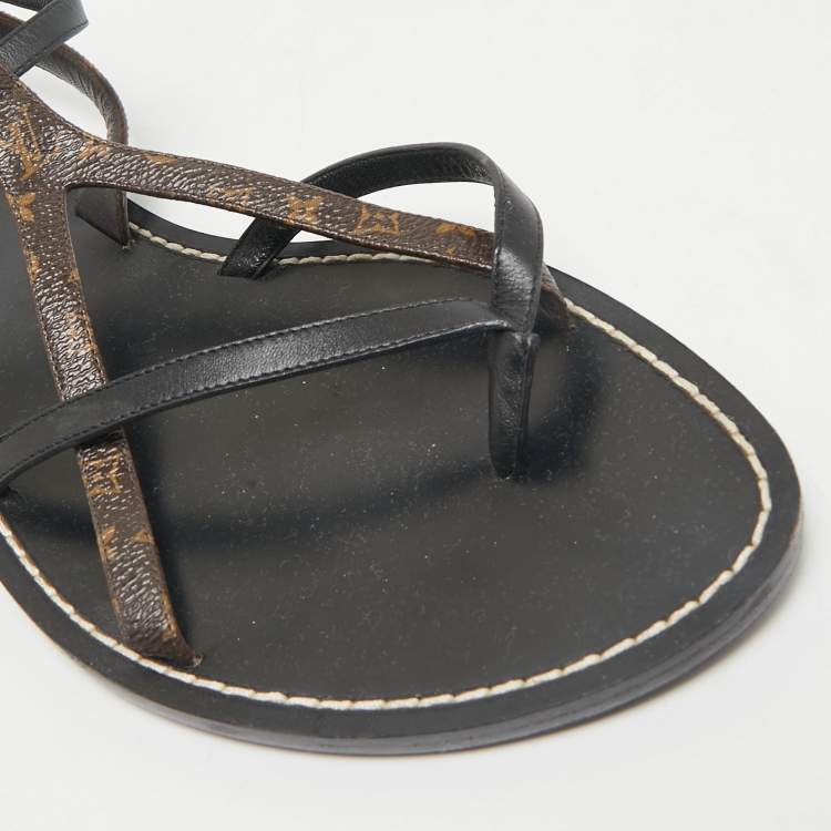 Pre Owned Louis Vuitton Black Leather and Monogram Canvas Strappy Flat Sandals Size 40