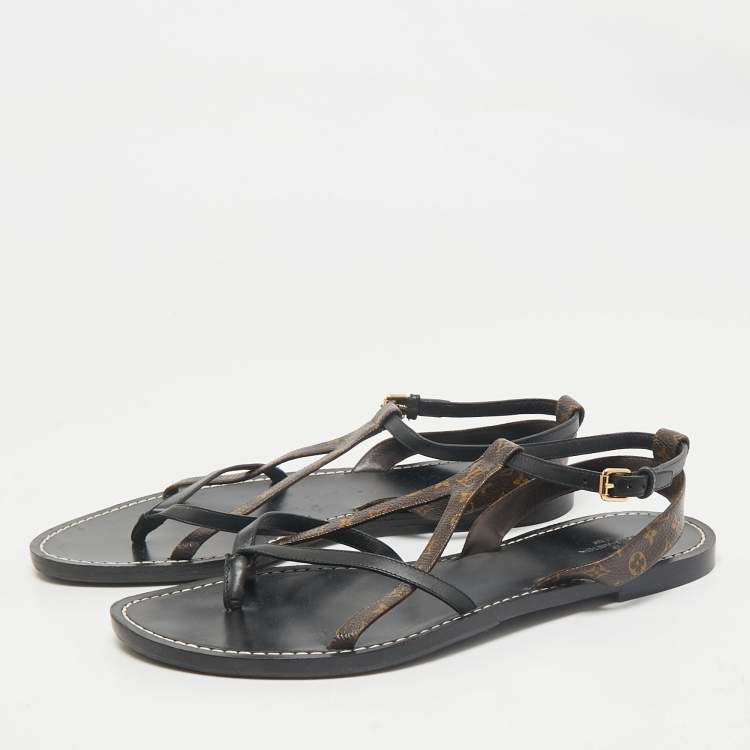 Pre Owned Louis Vuitton Black Leather and Monogram Canvas Strappy Flat Sandals Size 40