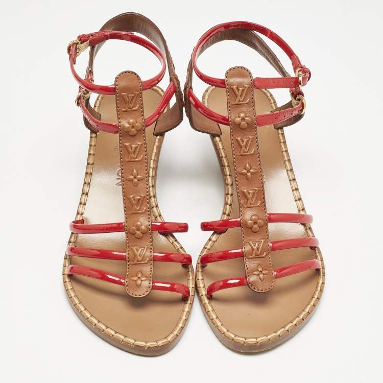 Pre Owned Louis Vuitton Brown/Red Monogram Embossed Leather and Patent T-Strap Wedge Sandals Size 36