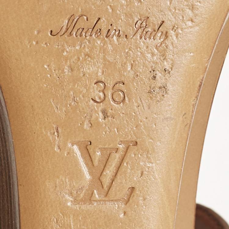 Pre Owned Louis Vuitton Brown/Red Monogram Embossed Leather and Patent T-Strap Wedge Sandals Size 36