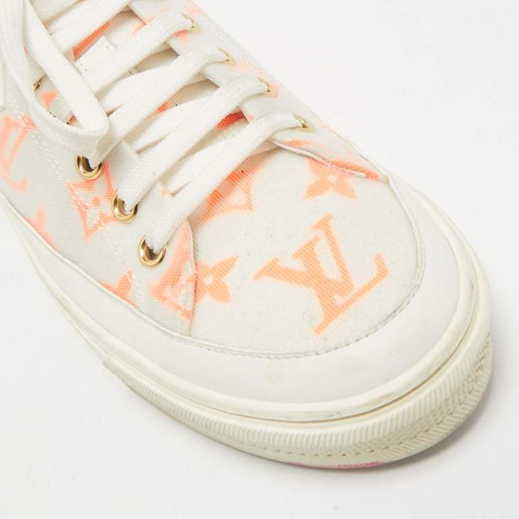 Pre Owned Louis Vuitton White/Orange Mesh and Leather Stellar Sneaker Mules Size 36.5
