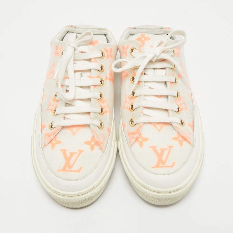Pre Owned Louis Vuitton White/Orange Mesh and Leather Stellar Sneaker Mules Size 36.5