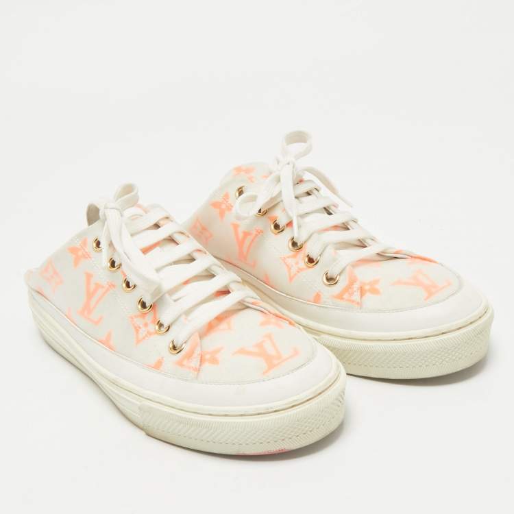 Pre Owned Louis Vuitton White/Orange Mesh and Leather Stellar Sneaker Mules Size 36.5