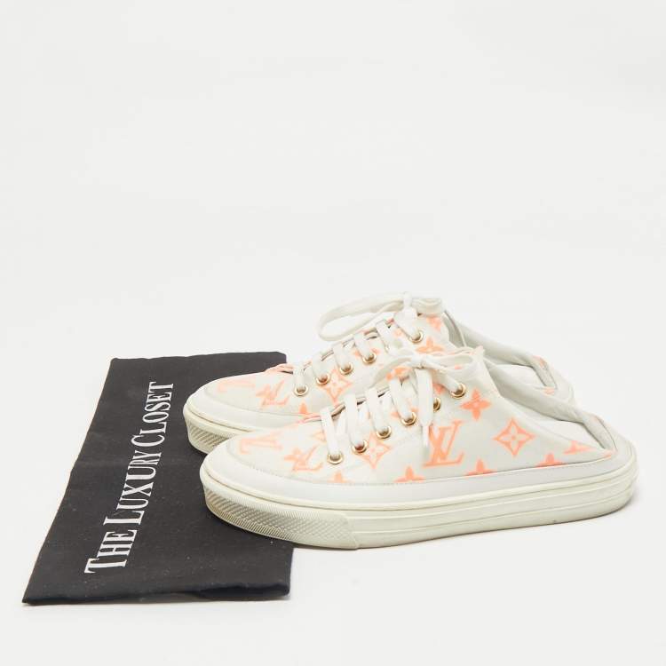Pre Owned Louis Vuitton White/Orange Mesh and Leather Stellar Sneaker Mules Size 36.5