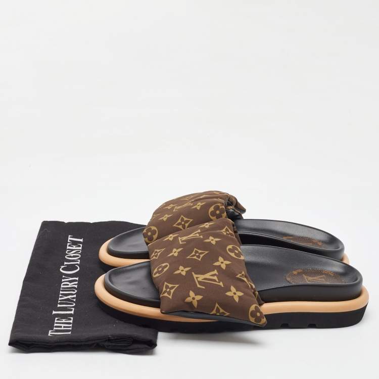 Pre Owned Louis Vuitton Brown Monogram Nylon Pool Pillow Comfort Flat Slides Size 40