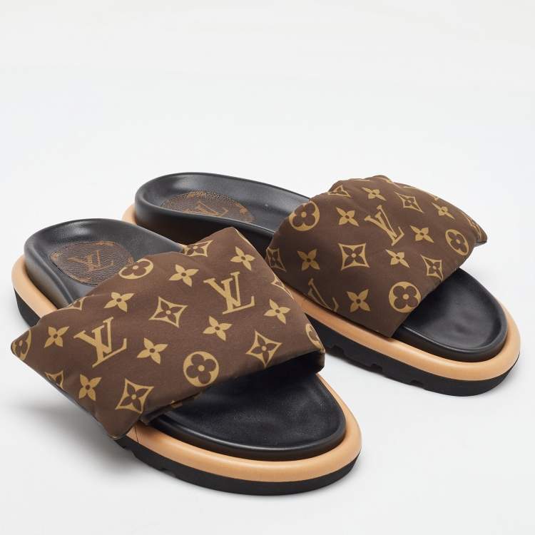 Pre Owned Louis Vuitton Brown Monogram Nylon Pool Pillow Comfort Flat Slides Size 40