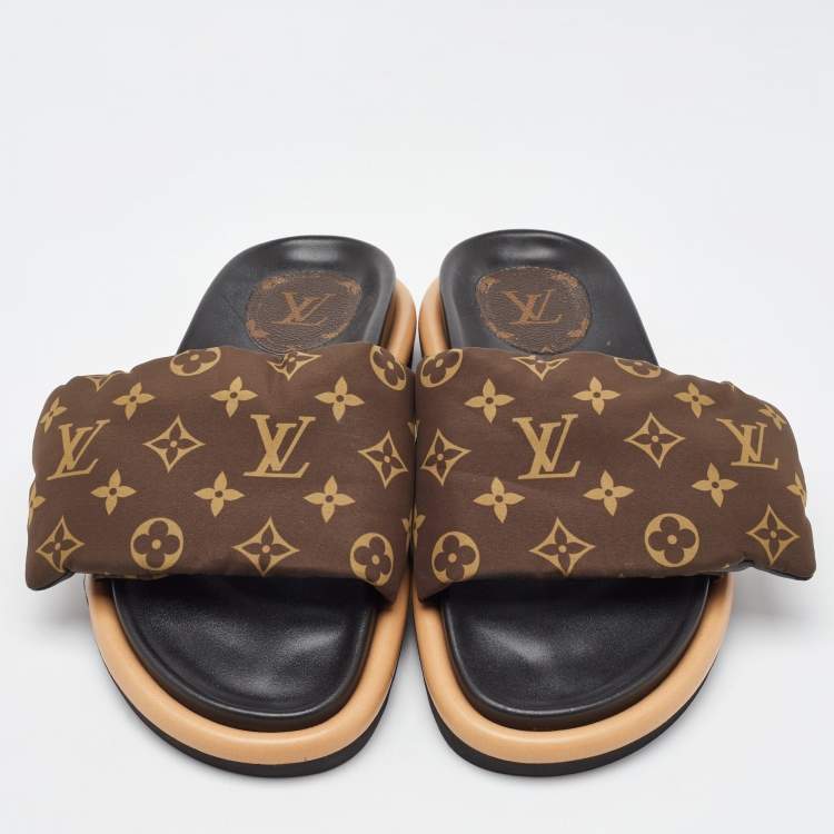 Pre Owned Louis Vuitton Brown Monogram Nylon Pool Pillow Comfort Flat Slides Size 40