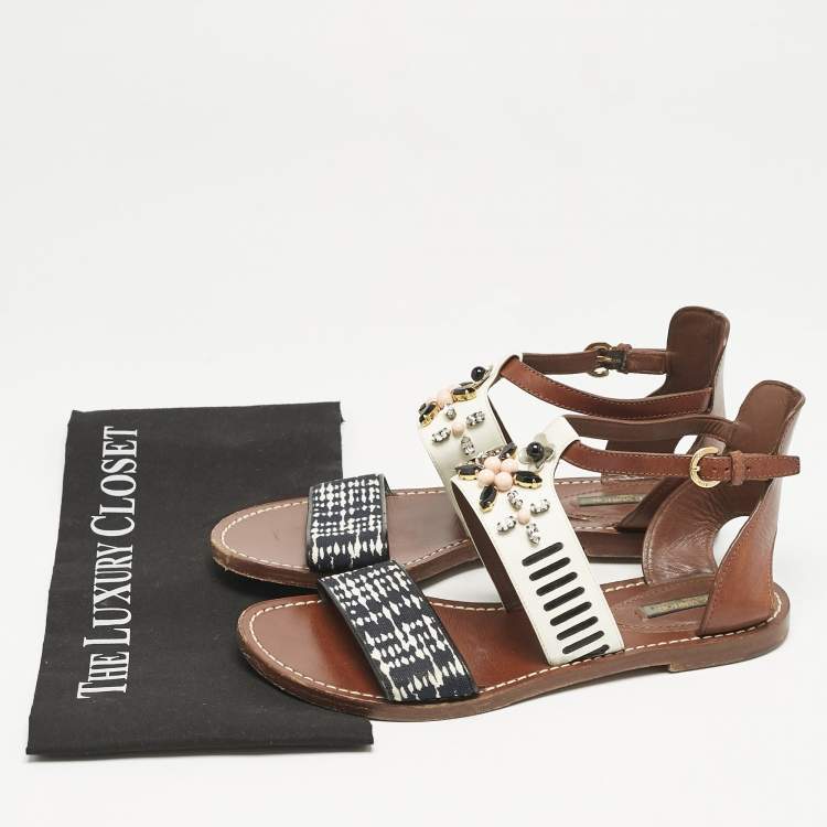Pre Owned Louis Vuitton Multicolor Canvas and Leather Crystal EmbellishedAnkle Strap Sandals Size 39