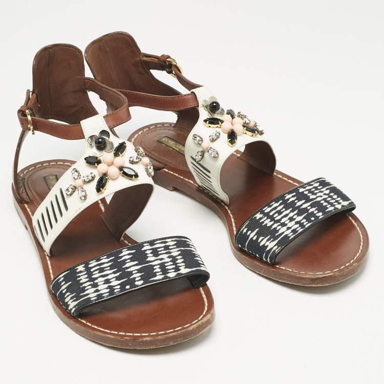 Pre Owned Louis Vuitton Multicolor Canvas and Leather Crystal EmbellishedAnkle Strap Sandals Size 39