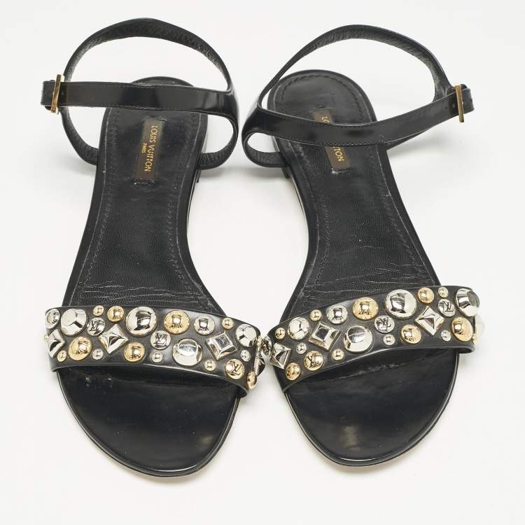 مملوكة مسبقًا Louis Vuitton Black Leather Studded Ankle Strap Flat Sandals Size 40
