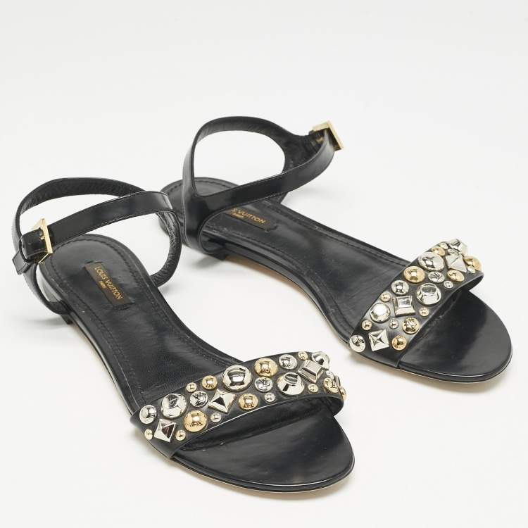 مملوكة مسبقًا Louis Vuitton Black Leather Studded Ankle Strap Flat Sandals Size 40