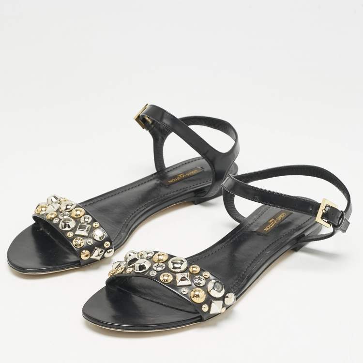 مملوكة مسبقًا Louis Vuitton Black Leather Studded Ankle Strap Flat Sandals Size 40