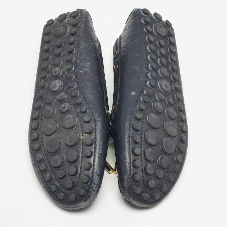 Pre Owned Louis Vuitton Navy Blue Monogram Empreinte Leather Gloria Loafers Size 38.5