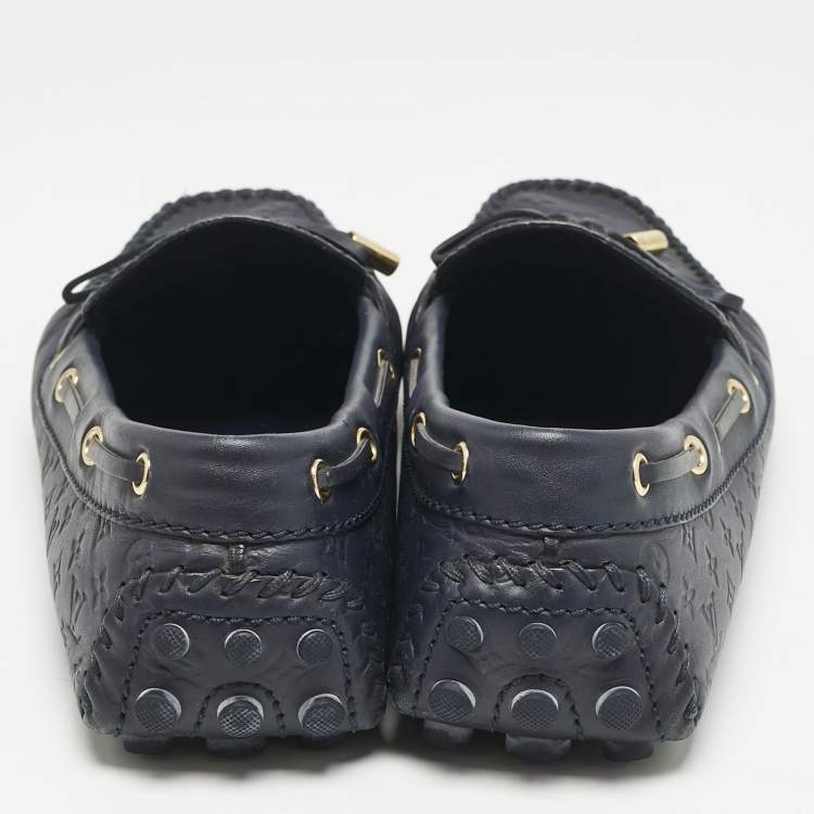 Pre Owned Louis Vuitton Navy Blue Monogram Empreinte Leather Gloria Loafers Size 38.5