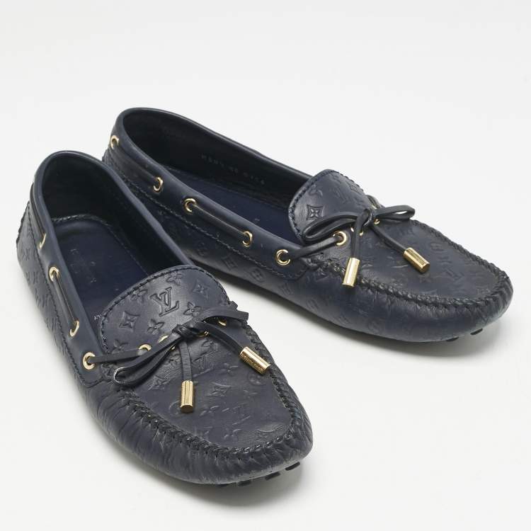 Pre Owned Louis Vuitton Navy Blue Monogram Empreinte Leather Gloria Loafers Size 38.5