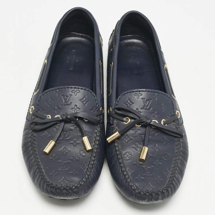 Pre Owned Louis Vuitton Navy Blue Monogram Empreinte Leather Gloria Loafers Size 38.5