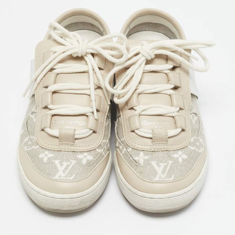 Pre Owned Louis Vuitton Beige Monogram Denim and Leather Lous Sneakers Size 38.5