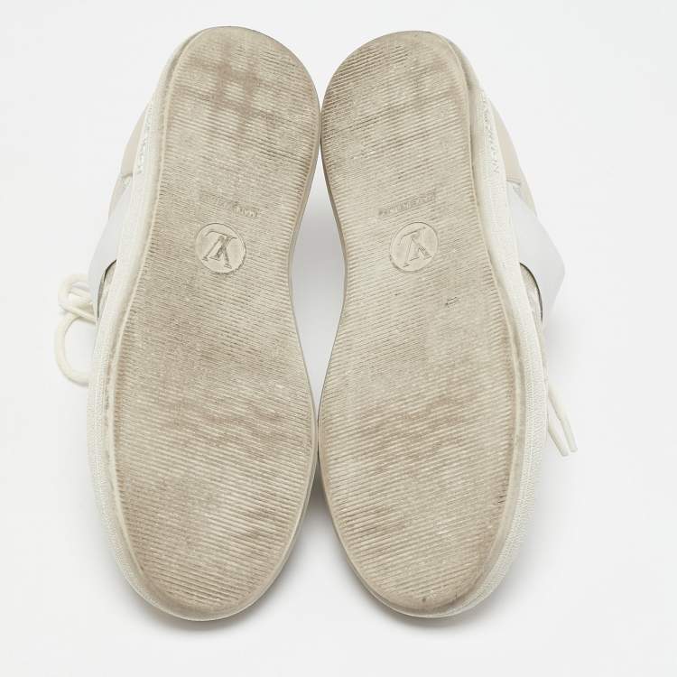 Pre Owned Louis Vuitton Beige Monogram Denim and Leather Lous Sneakers Size 38.5