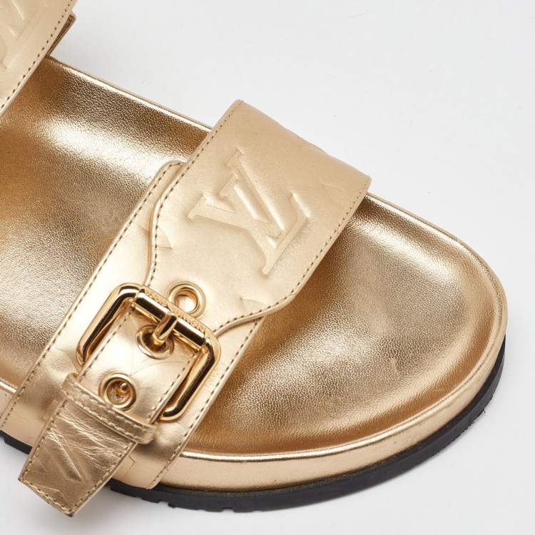 Pre Owned Louis Vuitton Gold Monogram Embossed Leather Bom Dia Flat Slide Sandals Size 40