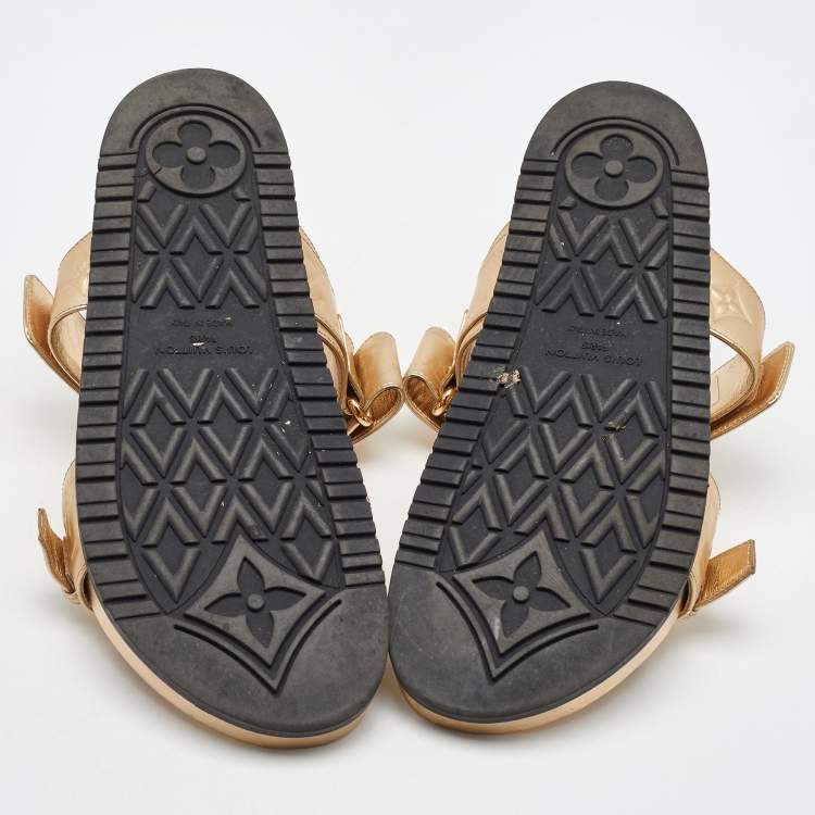 Pre Owned Louis Vuitton Gold Monogram Embossed Leather Bom Dia Flat Slide Sandals Size 40
