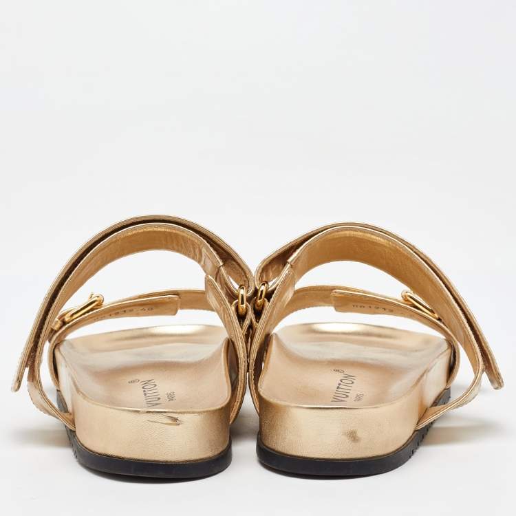 Pre Owned Louis Vuitton Gold Monogram Embossed Leather Bom Dia Flat Slide Sandals Size 40