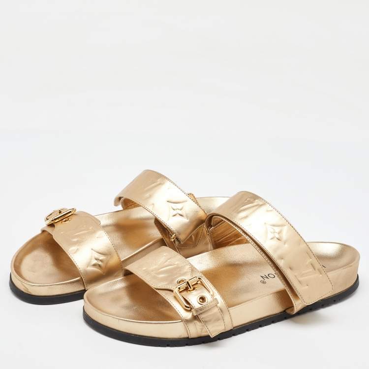Pre Owned Louis Vuitton Gold Monogram Embossed Leather Bom Dia Flat Slide Sandals Size 40