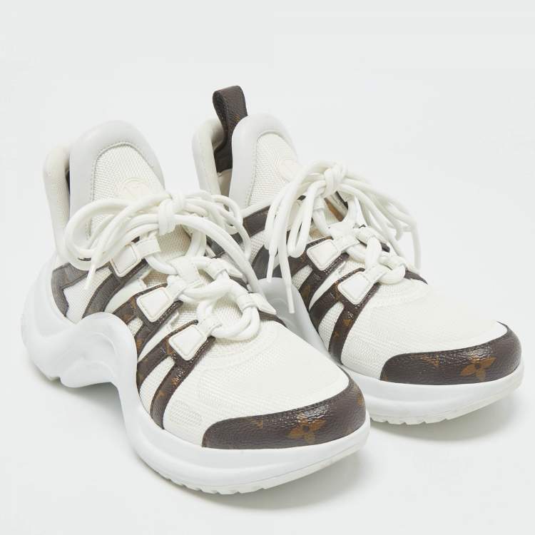 Pre Owned Louis Vuitton White/Brown Monogram Canvas and Leather Archlight Sneakers Size 38