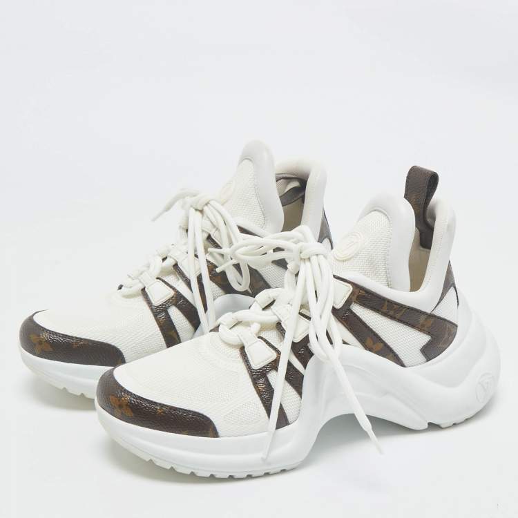 Pre Owned Louis Vuitton White/Brown Monogram Canvas and Leather Archlight Sneakers Size 38
