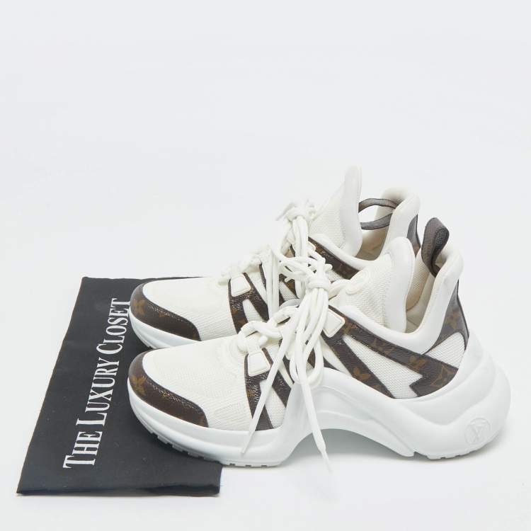Pre Owned Louis Vuitton White/Brown Monogram Canvas and Leather Archlight Sneakers Size 38
