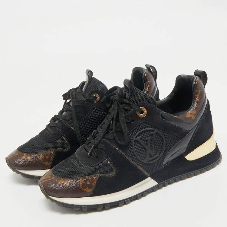 Pre Owned Louis Vuitton Black/Brown Monogram Canvas and Suede Run Away Lace Up Sneakers Size 36