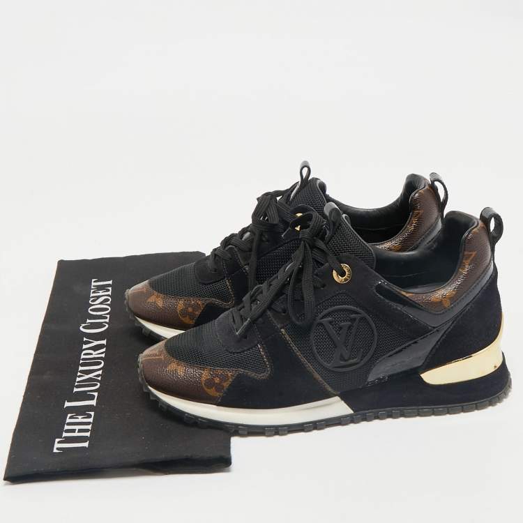 Pre Owned Louis Vuitton Black/Brown Monogram Canvas and Suede Run Away Lace Up Sneakers Size 36