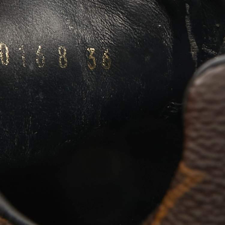 Pre Owned Louis Vuitton Black/Brown Monogram Canvas and Suede Run Away Lace Up Sneakers Size 36