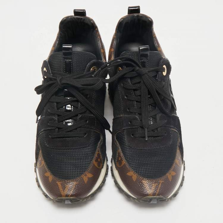 Pre Owned Louis Vuitton Black/Brown Monogram Canvas and Suede Run Away Lace Up Sneakers Size 36