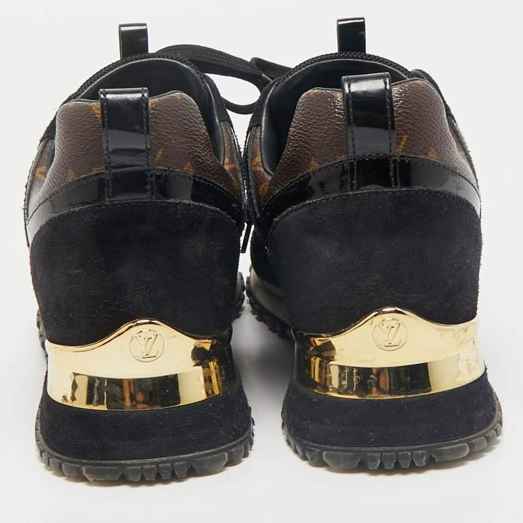Pre Owned Louis Vuitton Black/Brown Monogram Canvas and Suede Run Away Lace Up Sneakers Size 36