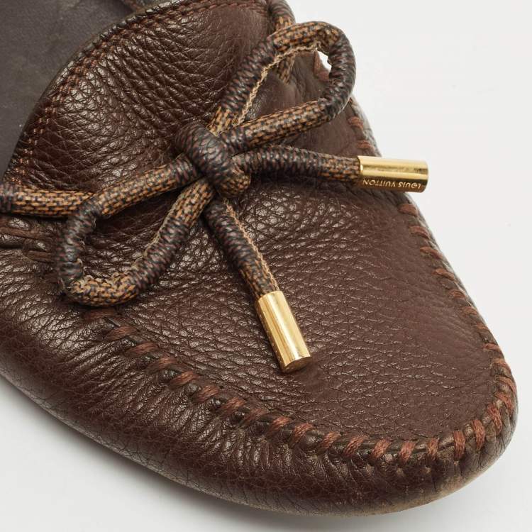 Pre Owned Louis Vuitton Brown Damier Ebene Canvas and Leather Arizona Bow Loafers Size 38.5