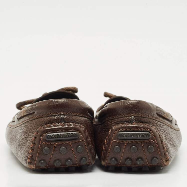 Pre Owned Louis Vuitton Brown Damier Ebene Canvas and Leather Arizona Bow Loafers Size 38.5