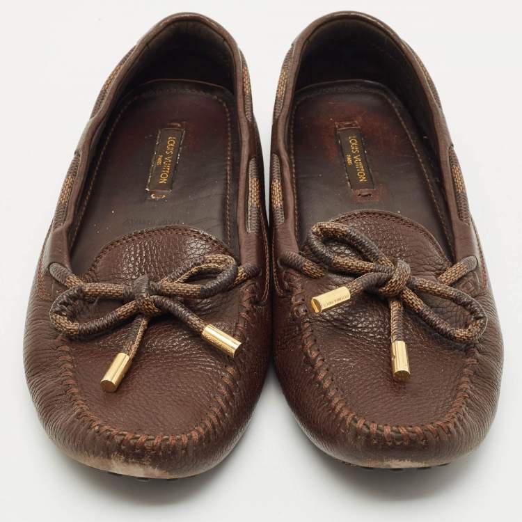 Pre Owned Louis Vuitton Brown Damier Ebene Canvas and Leather Arizona Bow Loafers Size 38.5