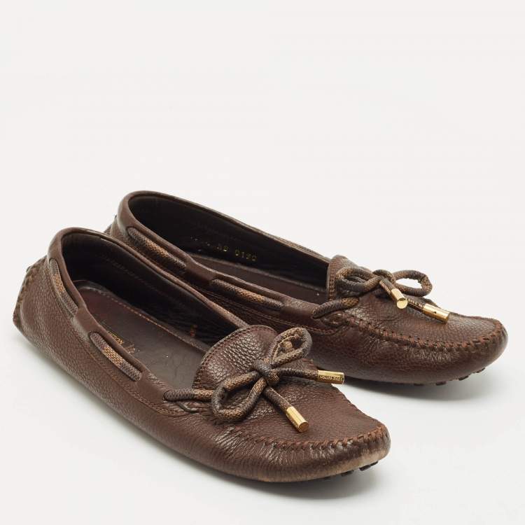 Pre Owned Louis Vuitton Brown Damier Ebene Canvas and Leather Arizona Bow Loafers Size 38.5